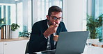 Eating, laptop and businessman in office with lunch for health, wellness or diet snack. Computer, reading and male financial manager enjoying water and meal with online investment proposal deadline.