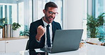 Office, businessman and fist pump with laptop for celebration, accountant and success for tax deadline. Excited, auditor and digital with hand gesture for investment growth, promotion or finance goal