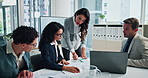 Business woman, team presentation and charts, financial stats and planning investment in office. Manager, collaboration and data for sales revenue, strategy paperwork and funding pitch in meeting