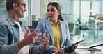 Collaboration, designer and tablet with business people in office together for discussion or planning. App, conversation or programming with man and woman employee at work for problem solving