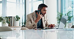 Phone call, talking and man with laptop, business and negotiation with contact in office or networking. Communication, consulting and person with mobile for discussion, financial advisor and browsing