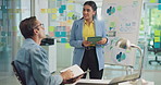 Design, presentation and tablet with business people in office together for coaching or training. Development, feedback or whiteboard with man and woman employee at work for social media analytics