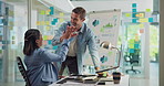 Designer, high five and success with business people in office together for achievement or bonus. Laptop, motivation or team building with man and woman employee in workplace for goals or target