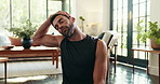 Man, fitness and stretching with balance for workout preparation, exercise or training on floor at home. Active, male person or physical wellbeing with warm up for yoga, health and wellness at house