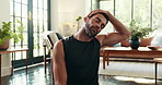 Man, fitness and stretching with neck for workout preparation, exercise or training on floor at home. Active, male person or physical wellbeing with warm up for yoga, health and wellness at house
