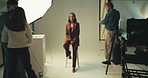 Photography, studio and face of model on set for magazine cover, about us or creative career. Happy, production and female person with behind the scenes for fashion photoshoot with media agency.