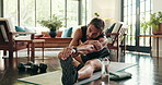 Home, man and fitness with legs for stretching, physical activity and wellness with morning routine. House, male person and warm up with balance for exercise, workout and flexibility with endurance