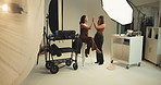 High five, photography and smile with model on set for fashion magazine or style photoshoot. Direction, motivation or production with makeup artist behind the scenes for catalog success or support
