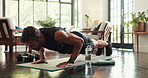 Fitness, home and man with push up workout for arm strength training in living room in morning. Health, sports and male person with exercise routine for muscles on yoga mat in apartment lounge.