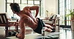 Plank, fitness and man in home, training or core strength for muscle in apartment, balance or exercise. Stretching, healthy and person with abs in house, workout or routine for posture in living room