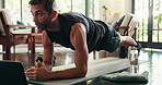Laptop, fitness and man with plank in house for online workout tutorial for morning training. Computer, health and male person streaming routine for core strengthening exercise on yoga mat in home.