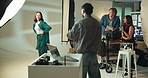 Fashion, photographer and camera with people in studio for ecommerce catalog, production and model. Creative project, photoshoot and backstage with men and women on set for filming a brand campaign
