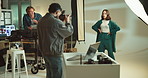 Fashion, photographer and team with people in studio for ecommerce catalog, production and model. Creative project, photoshoot and backstage with men and women on set for filming a brand campaign
