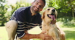 Man, dog and face with hug in nature for walk, run or game of fetch break at outdoor park. Male person, owner and pet or Labrador animal with touch for reward, support or care in forest for training