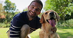 Man, dog and face with hug in park for walk, run or game of fetch break in outdoor nature. Male person, owner and pet or Labrador animal with touch for reward, support or care in forest for training