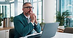 Laptop, thinking and smile with business man in office for client feedback, virtual advisor or email. Idea, investment portfolio and tax liability with mature employee in agency for account admin