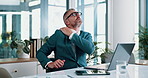 Mature, businessman and shoulder pain with laptop for stress, pressure or muscle tension at office. Frustrated man, employee or accountant with sore joint, ache or strain for bad posture at workplace