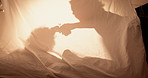 Tent, home and shadow with family, playing and games with weekend break, love and relax. Parents, apartment and child in living room, toys and bonding together with rets, storytelling an cheerful