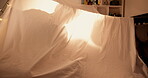 Tent, shadow and family with playing in home for bonding, relationship and childhood adventure. Silhouette, people and fun game in blanket fort for connection, security and night activity in bedroom