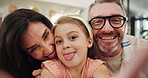 Happy family, silly face and love with selfie for picture, funny memory or photography together at home. Portrait, mom and dad with tongue out for goofy moment, capture or bonding on holiday at house
