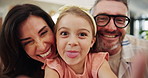 Happy family, silly face and laughing with selfie for picture, funny memory or photography together at home. Portrait, mom and dad with tongue out in joy for goofy moment, capture or bonding at house