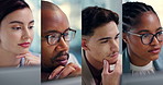 Business people, thinking and collage with faces for ideas, contemplation or problem solving at office. Closeup, diversity or series of employees with challenge for corporate growth or development