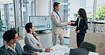 Business people, meeting and handshake with documents for analytics, corporate performance or growth at office. Group, employees or colleagues shaking hands with paperwork for statistics at workplace