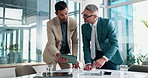 Feedback, meeting and tablet with business people in boardroom together for planning or research. Administration, management and review with employee men in office for collaboration or teamwork