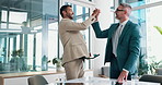 High five, celebration and men with tablet, business and happy for achievement in boardroom or smile. Success, collaboration and colleagues with tech for investment, joy or people with accomplishment