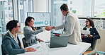 Handshake, business man and presentation in meeting for corporate speaker, investment stats and success. Planning, high five and data report with people in office for revenue profit, winner and team