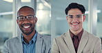 Businessmen, face and collage with confidence for business inclusion or difference at office. Portrait, male people or employees with smile for company growth, diversity or multiracial development