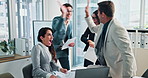 People, business and high five for success, laptop or review of feedback for project, teamwork or joy. Collaboration, group and celebration for achievement in office, data analyst and happy with tech