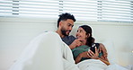 Home, bedroom and couple with cellphone, typing and internet for social media, network or app. Relationship, man or woman with blanket, smartphone or conversation with subscription service or talking