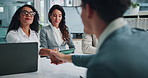 Handshake, advisor business people and welcome in meeting for growth, investment stats and analysis. Planning, shaking hands and data report with employees in office for revenue profit and team