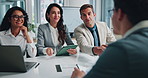 Meeting, handshake and business people with client for b2b deal, agreement or partnership in office. Collaboration, teamwork and group shaking hands with project proposal and document graph review