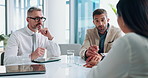 Business, men and talking with documents for interview, recruitment process and financial vacancy. People, candidate and explain for finance paperwork, human resources and feedback of job opportunity