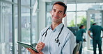 Face, doctor and happy man with tablet in hospital for healthcare service, telehealth or wellness. Medical professional, technology and portrait of worker, coworking or check report online in clinic