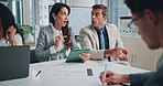 Planning, advisor and writing with business people in meeting for growth, investment stats and analysis. Feedback, partnership and data report with employees in office for revenue profit and team