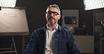 Talking, interview and man on set for filming with documentary, show or movie in studio. Recording, discussion and male journalist by lights for television public speaking with production equipment.