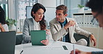 Planning, advisor and tablet with business people in meeting for growth, investment stats and analysis. Feedback, partnership and data report with employees in office for revenue profit and team