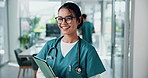 Face, nurse and happy woman with tablet for healthcare service, telehealth or wellness. Medical professional, technology and portrait of worker with glasses, coworking or cardiology intern in clinic