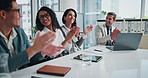 Business people, group and applause with celebration in boardroom, documents and happy with goals. Women, men and cheers with clapping hands, success and excited with diversity at insurance agency