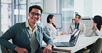 Face, finance and happy business man in office, intern and laptop at hedge fund for investment growth. Portrait, glasses or corporate professional worker coworking or laugh for opportunity in meeting