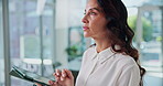 Woman, thinking and doctor with tablet in hospital, medical research and online for clinic schedule. Brainstorming, healthcare professional and website for cardiology plan, reflection and specialist