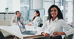 Face, finance and business woman with glasses in office, intern or laptop at hedge fund for investment growth. Portrait, smile and corporate employee coworking, laugh and take off eyewear in meeting