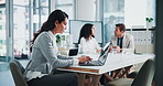 Business, woman and typing on laptop in office for financial research, budget proposal and email feedback. Coworking, employee and technology for investment report, company administration or planning