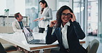 Face, glasses or happy business woman in office as talent acquisition specialist on laptop. Portrait, hr worker or recruitment expert, hiring professional or headhunter coworking in corporate meeting
