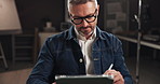 Tablet, filming and man on set with research for documentary interview or podcast episode. Digital technology, script and male journalist recording for online live streaming show with lights.