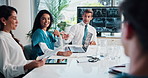 Hospital, teamwork and people with laptop, happy and colleagues with documents, plan or boardroom. Healthcare, medical professional and meeting for treatment options, brain scan or laughing in clinic
