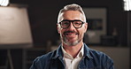 Face, business man and creative director for film, media or movie producer with experience in startup studio. Portrait, glasses or happy mature professional, production designer or art manager on set